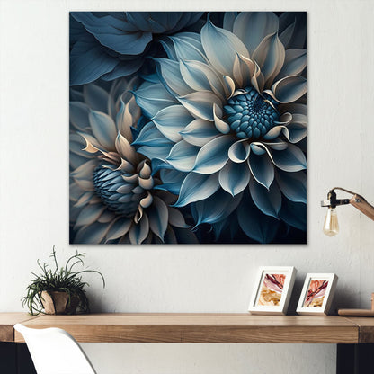 Elegant Blue and White Dahlia Floral Oil Painting for Home Decor