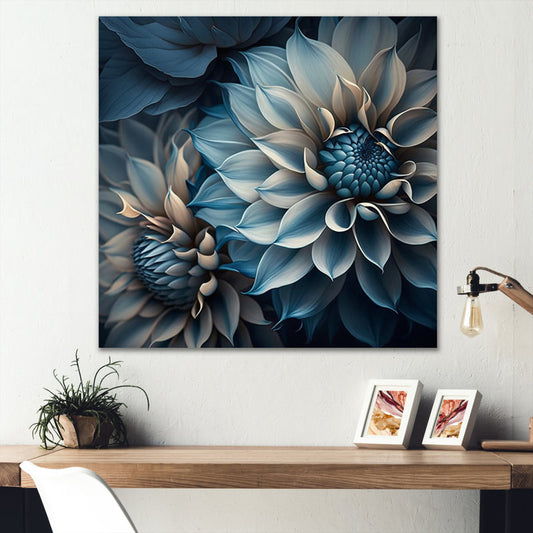Elegant Blue and White Dahlia Floral Oil Painting for Home Decor