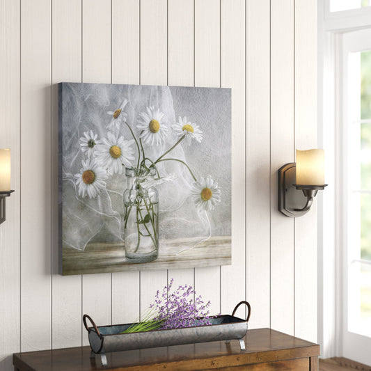 Charming White Daisies in Vintage Glass Jar - Bright Floral Oil Painting