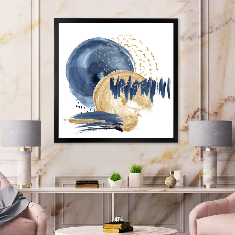 Elegant Dark Blue and Gold Abstract Ocean Circle Oil Painting