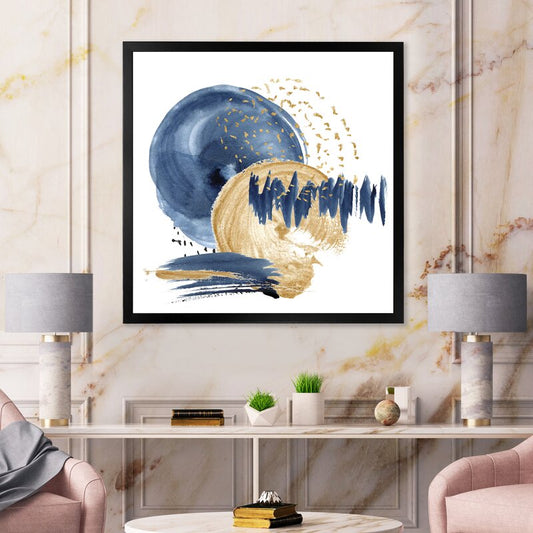 Elegant Dark Blue and Gold Abstract Ocean Circle Oil Painting