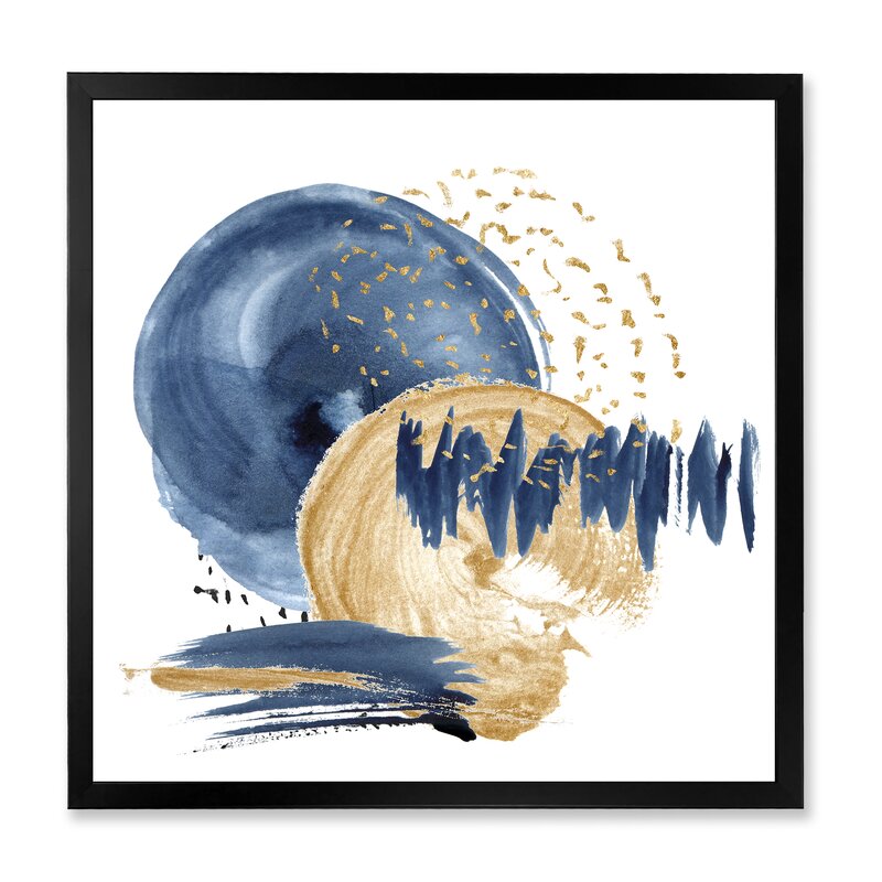 Elegant Dark Blue and Gold Abstract Ocean Circle Oil Painting