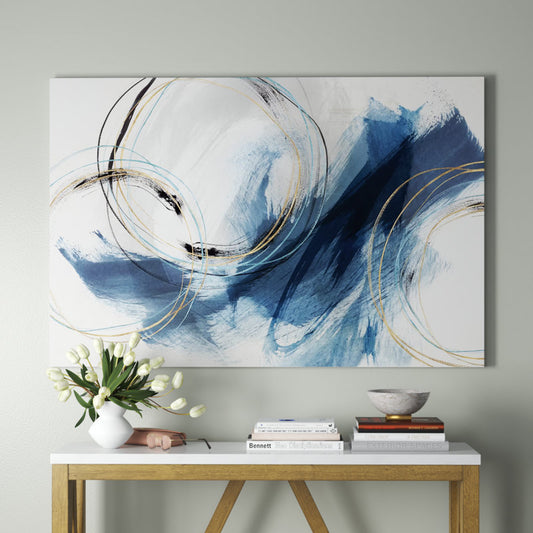 Abstract Blue Waves with Gold Accents - Modern Oil Painting Decor