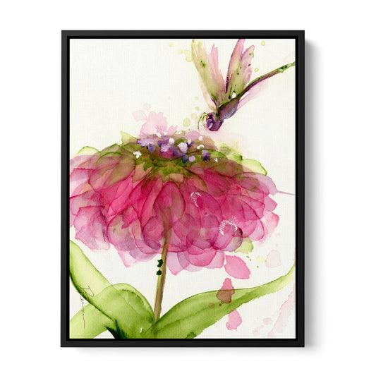 Beautiful Dragonfly Over Vibrant Zinnia Flower Oil Painting