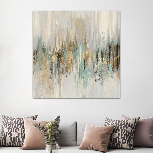Abstract Gold and Aqua Oil Painting for Elegant Home Decor