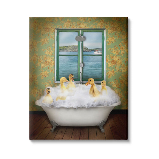 Charming Ducks in Bathtub with Scenic Ocean View Oil Painting