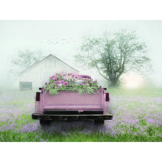 Charming Oil Painting of a Vintage Truck with Flowers in Serene Farm Landscape