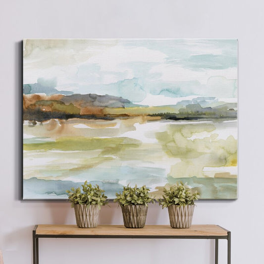 Tranquil Landscape Oil Painting - Serene Waters and Soft Skies Artwork