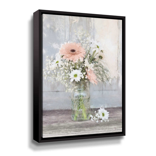 Charming Floral Farmhouse Still Life Oil Painting with Pastel Flowers in Jar