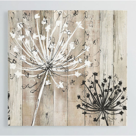 Rustic Floral Elegance: Charming Oil Painting of Dandelions on Weathered Wood