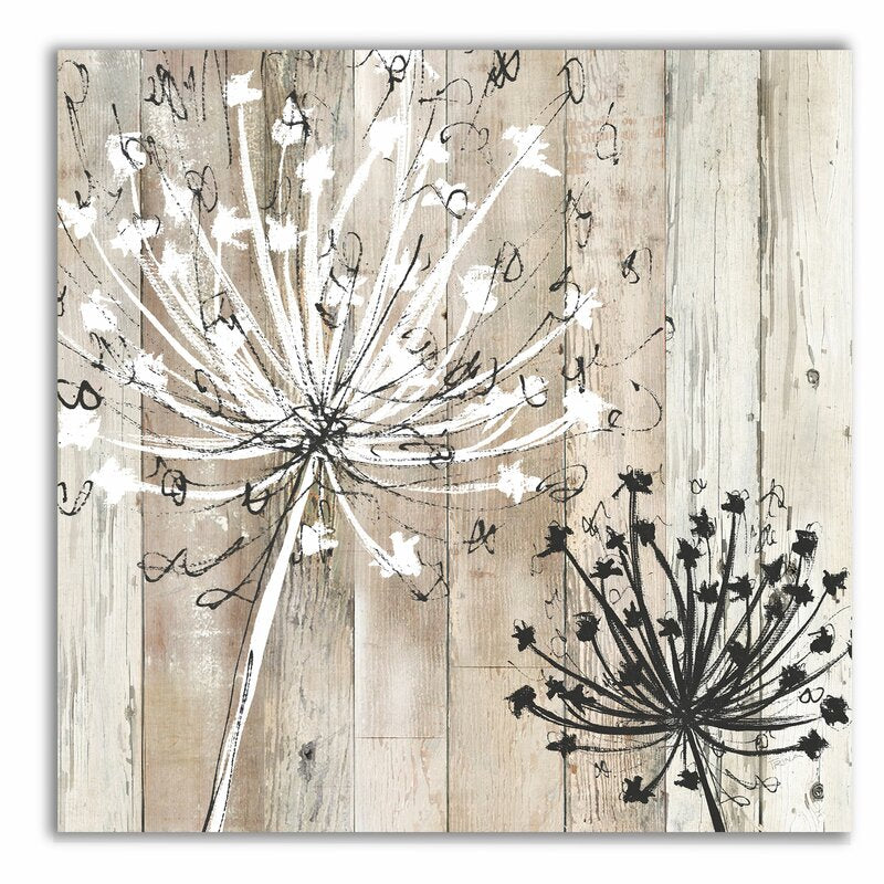 Rustic Floral Elegance: Charming Oil Painting of Dandelions on Weathered Wood