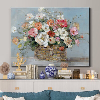 Vibrant Floral Oil Painting in Woven Basket - Brighten Your Home Décor