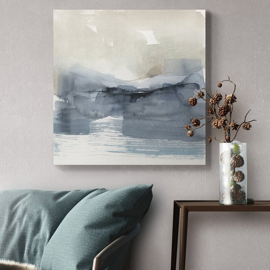 Serene Coastal Landscape with Fog and Abstract Hues in Tranquil Blue Tones