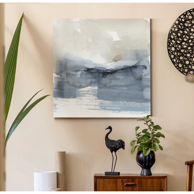 Serene Coastal Landscape with Fog and Abstract Hues in Tranquil Blue Tones