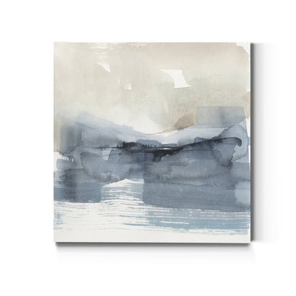 Serene Coastal Landscape with Fog and Abstract Hues in Tranquil Blue Tones