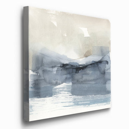 Serene Coastal Landscape with Fog and Abstract Hues in Tranquil Blue Tones