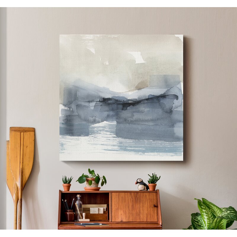 Serene Coastal Landscape with Fog and Abstract Hues in Tranquil Blue Tones