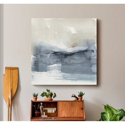 Serene Coastal Landscape with Fog and Abstract Hues in Tranquil Blue Tones