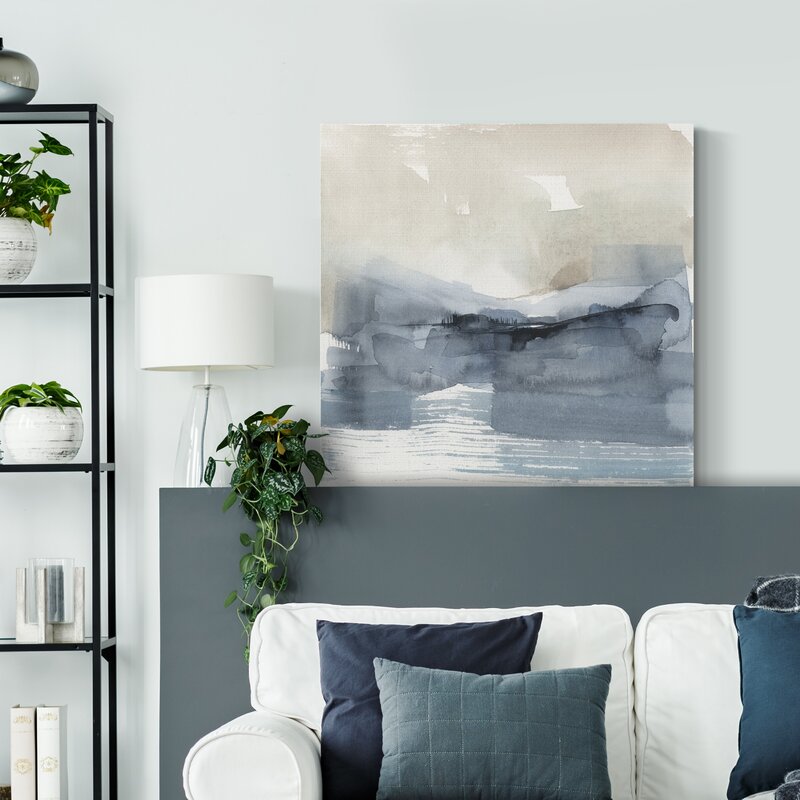 Serene Coastal Landscape with Fog and Abstract Hues in Tranquil Blue Tones
