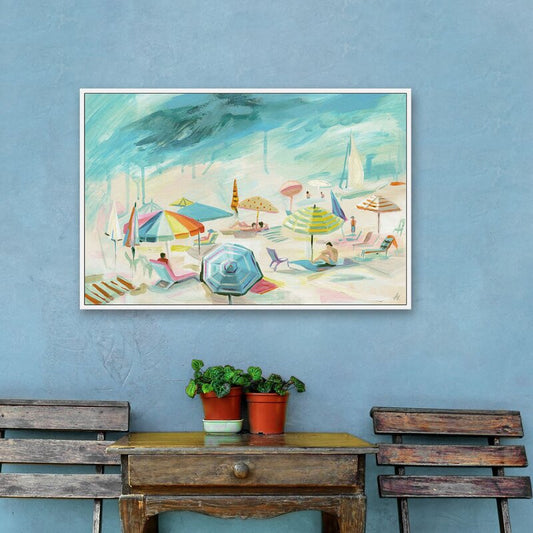 Charming French Riviera Beach Scene Oil Painting Print for Coastal Decor
