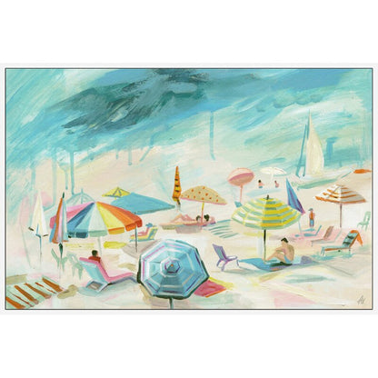 Charming French Riviera Beach Scene Oil Painting Print for Coastal Decor