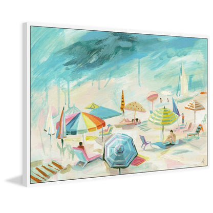Charming French Riviera Beach Scene Oil Painting Print for Coastal Decor