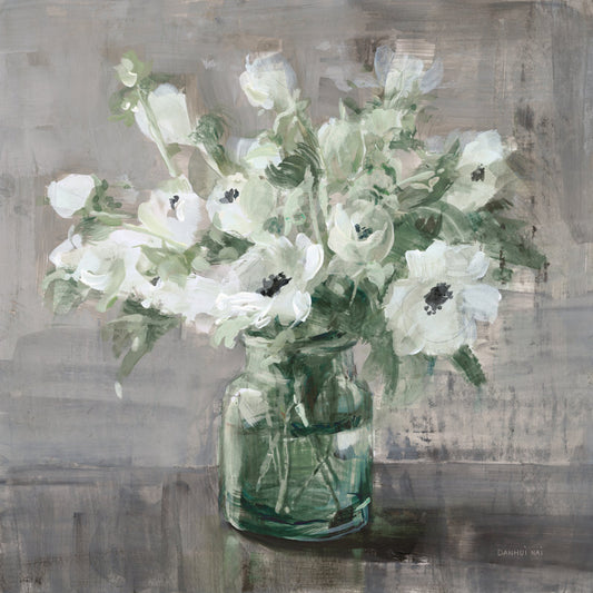 Elegant White Anemones in Glass Jar – Hand-Painted Floral Oil Art