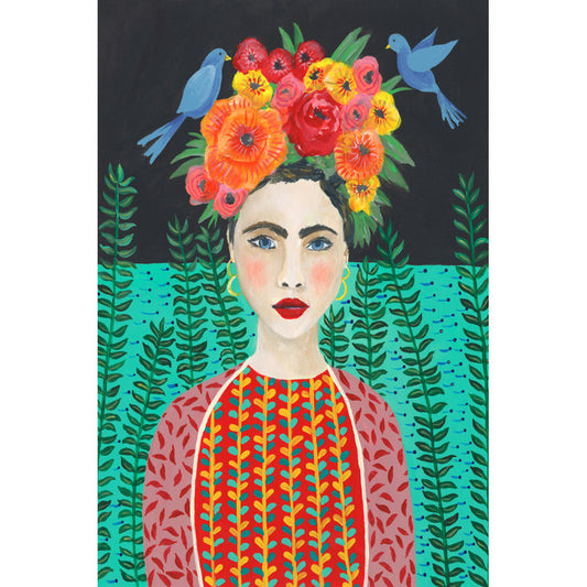 Vibrant Frida Kahlo Inspired Floral Headdress Oil Painting
