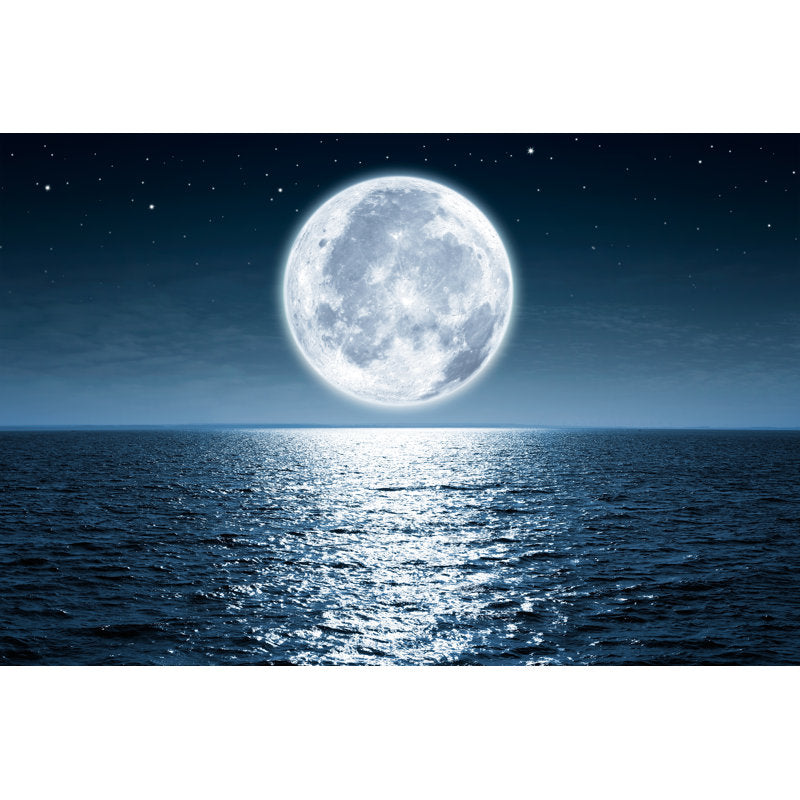 “Serene Ocean View Under a Glowing Full Moon - Tranquil Night Landscape Oil Painting”
