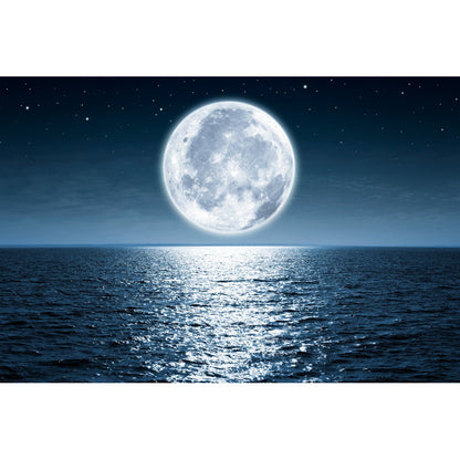 “Serene Ocean View Under a Glowing Full Moon - Tranquil Night Landscape Oil Painting”