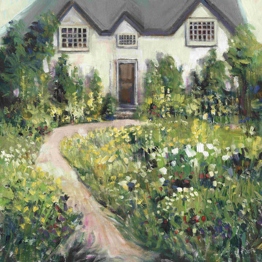 Charming Garden Cottage Oil Painting with Lush Greenery and Vibrant Flowers
