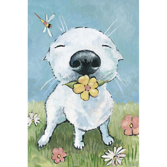 Joyful Dog in Garden with Flower - Whimsical Oil Painting Art for Dog Lovers