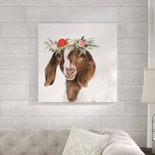 Charming Floral Goat Portrait Oil Painting for Cozy Home Decor