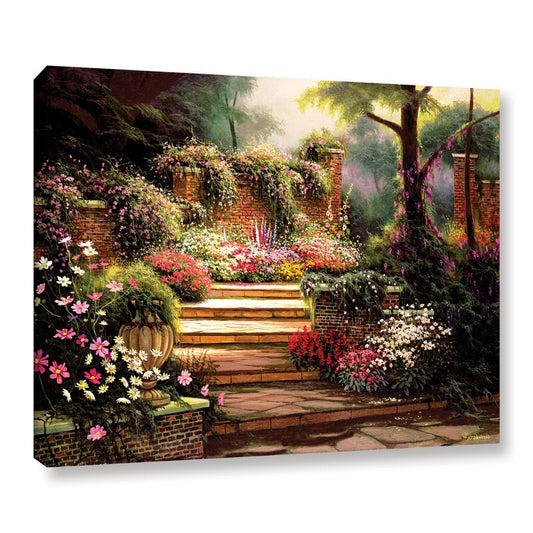 Serene Garden Steps Oil Painting - Vibrant Floral Landscape Art for Home Decor