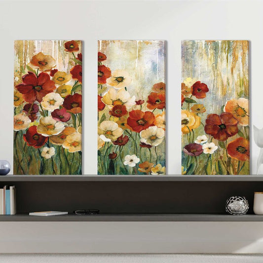 Vibrant Floral Garden Triptych Oil Painting for Elegant Home Decor