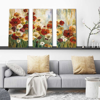 Vibrant Floral Garden Triptych Oil Painting for Elegant Home Decor
