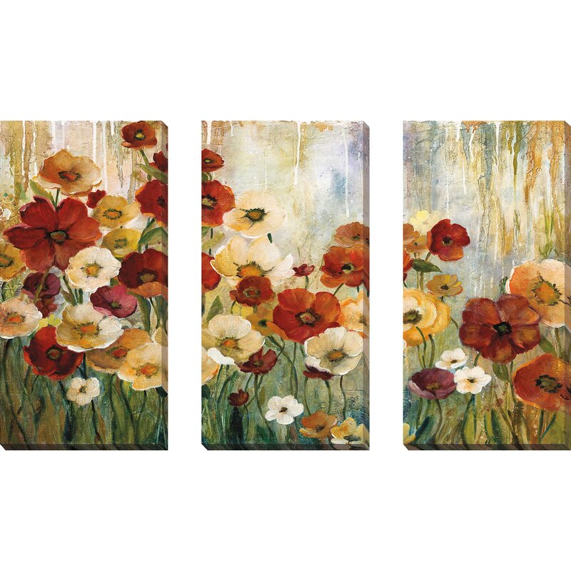 Vibrant Floral Garden Triptych Oil Painting for Elegant Home Decor