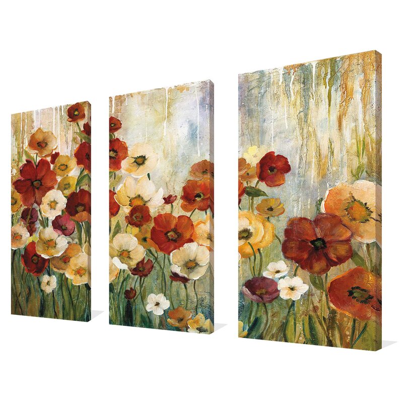 Vibrant Floral Garden Triptych Oil Painting for Elegant Home Decor