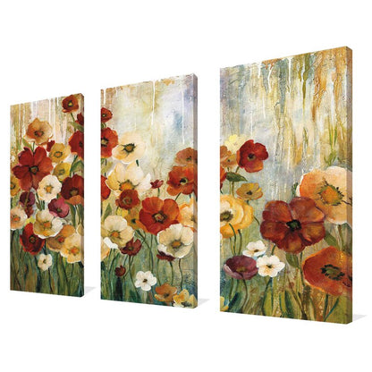 Vibrant Floral Garden Triptych Oil Painting for Elegant Home Decor