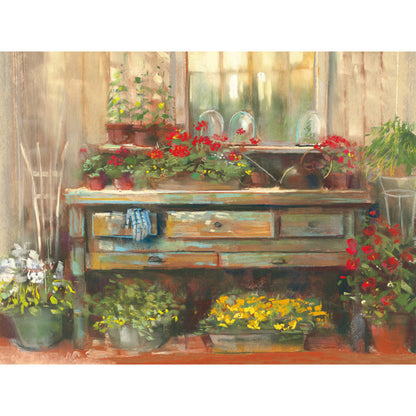 Charming Gardeners Table Oil Painting with Vibrant Flowers and Rustic Decor