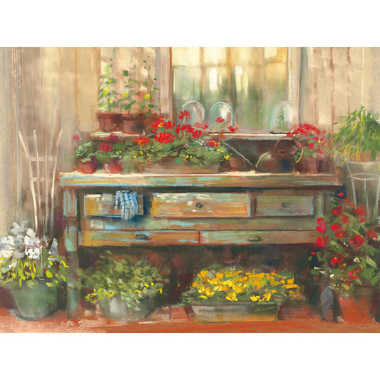 Charming Gardeners Table Oil Painting with Vibrant Flowers and Rustic Decor