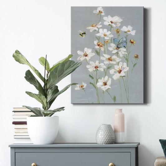 Elegant White Daisies with Butterfly - Charming Floral Oil Painting