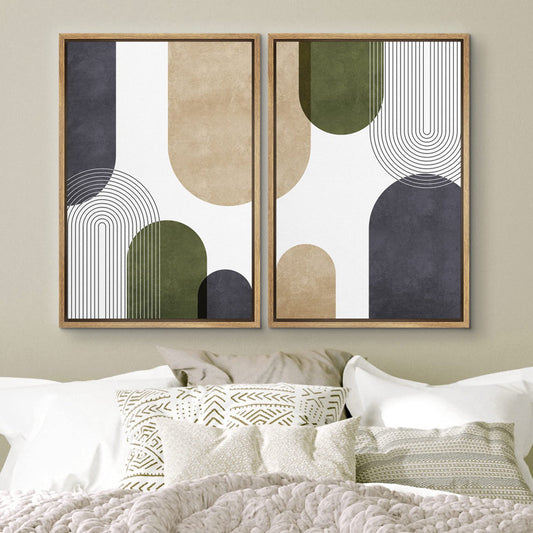 Modern Geometric Green and Tan Abstract Art for Bohemian Home Decor
