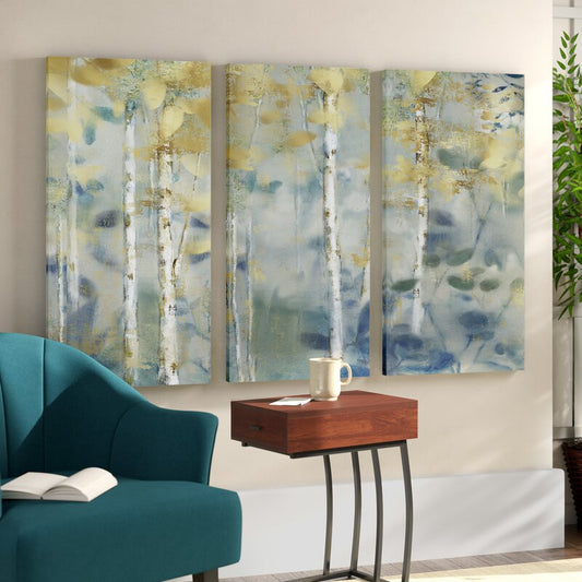 Serene Gilded Forest Triptych - Elegant Oil Painting for Modern Decor