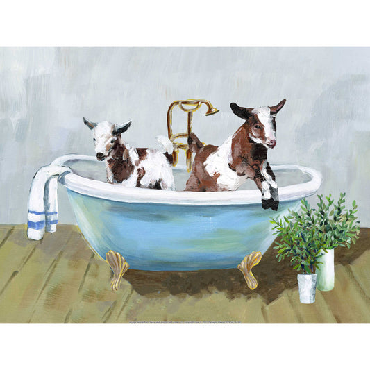 Charming Goats Enjoying a Bathtub Retreat - Whimsical Animal Oil Painting