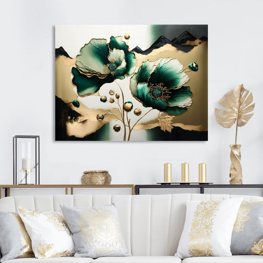 Elegant Green and Gold Poppy Floral Oil Painting for Home Decor