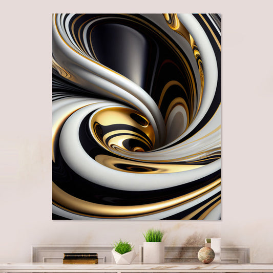 Elegant Gold, Black, and White Abstract Swirl Oil Painting for Modern Decor
