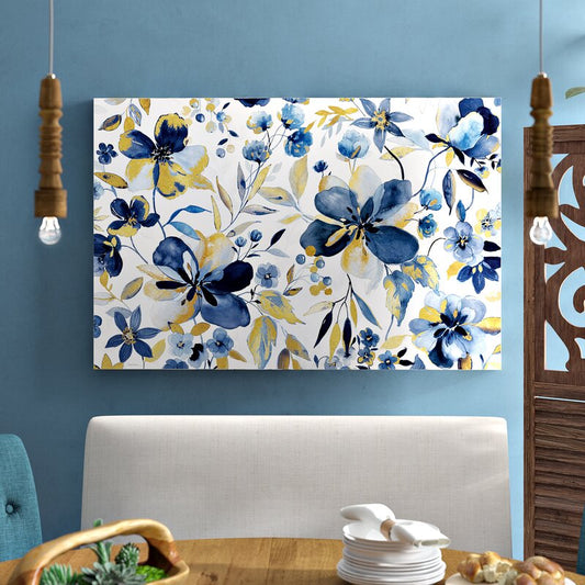 Blooming Blue and Gold Floral Oil Painting for Elegant Home Decor