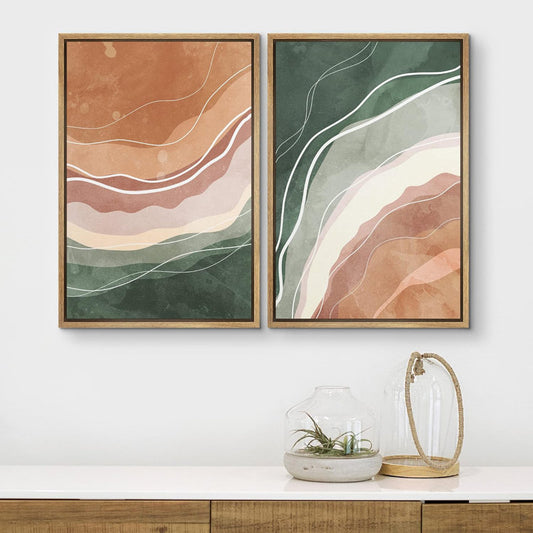 Abstract Wave Art in Green and Brown - Modern Chic Oil Paintings for Home Decor