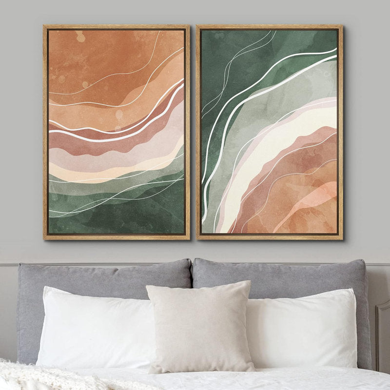 Abstract Wave Art in Green and Brown - Modern Chic Oil Paintings for Home Decor